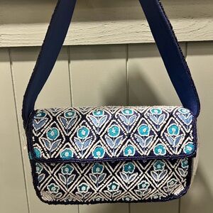 Elegant Blue and White Embroidered Shoulder Bag
